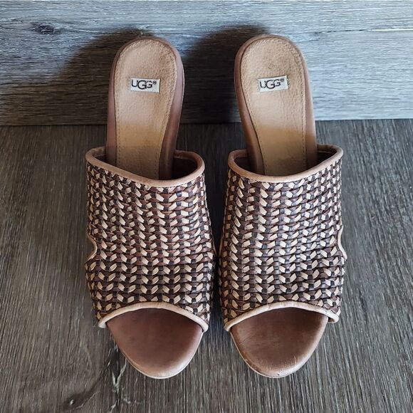 Ugg 1002926 Doha Women's Brown Leather Wedge Platform Woven Sandals Size USA 8 - Picture 3 of 9